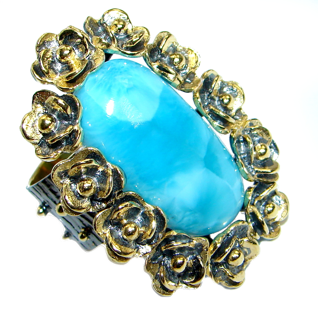 Large Floral Design genuine Larimar Gold plated over .925 Sterling Silver Ring s. 8 adjustable