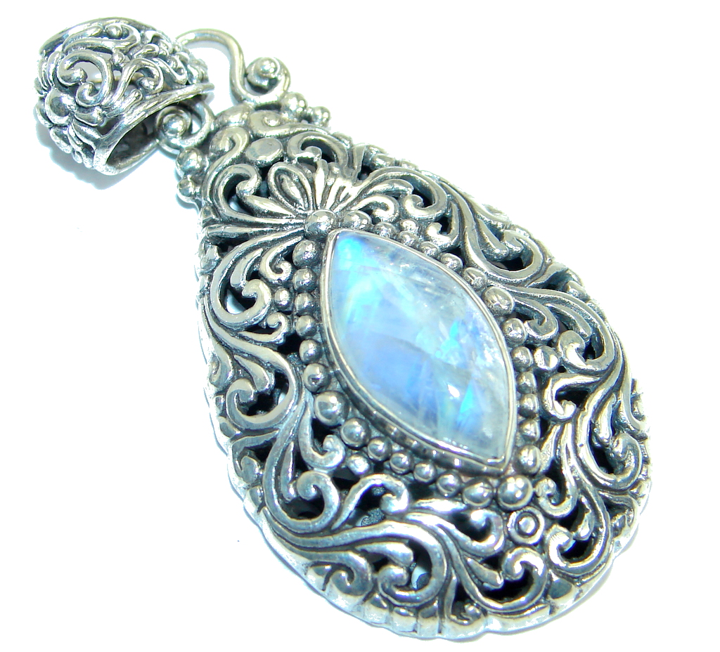 Floral Design Fire Moonstone .925 Sterling Silver handmade Pendant