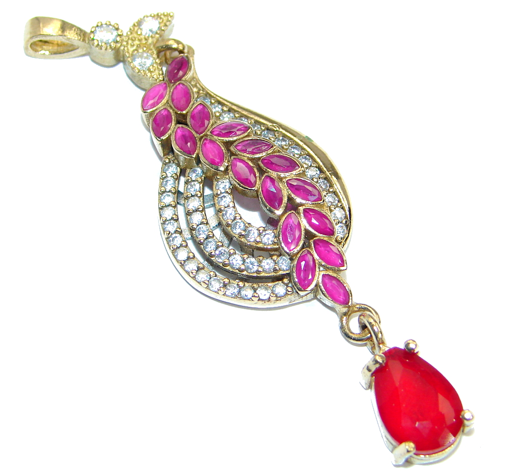 Long Victorian Vintage Style created Ruby Two tones .925 Sterling Silver Pendant