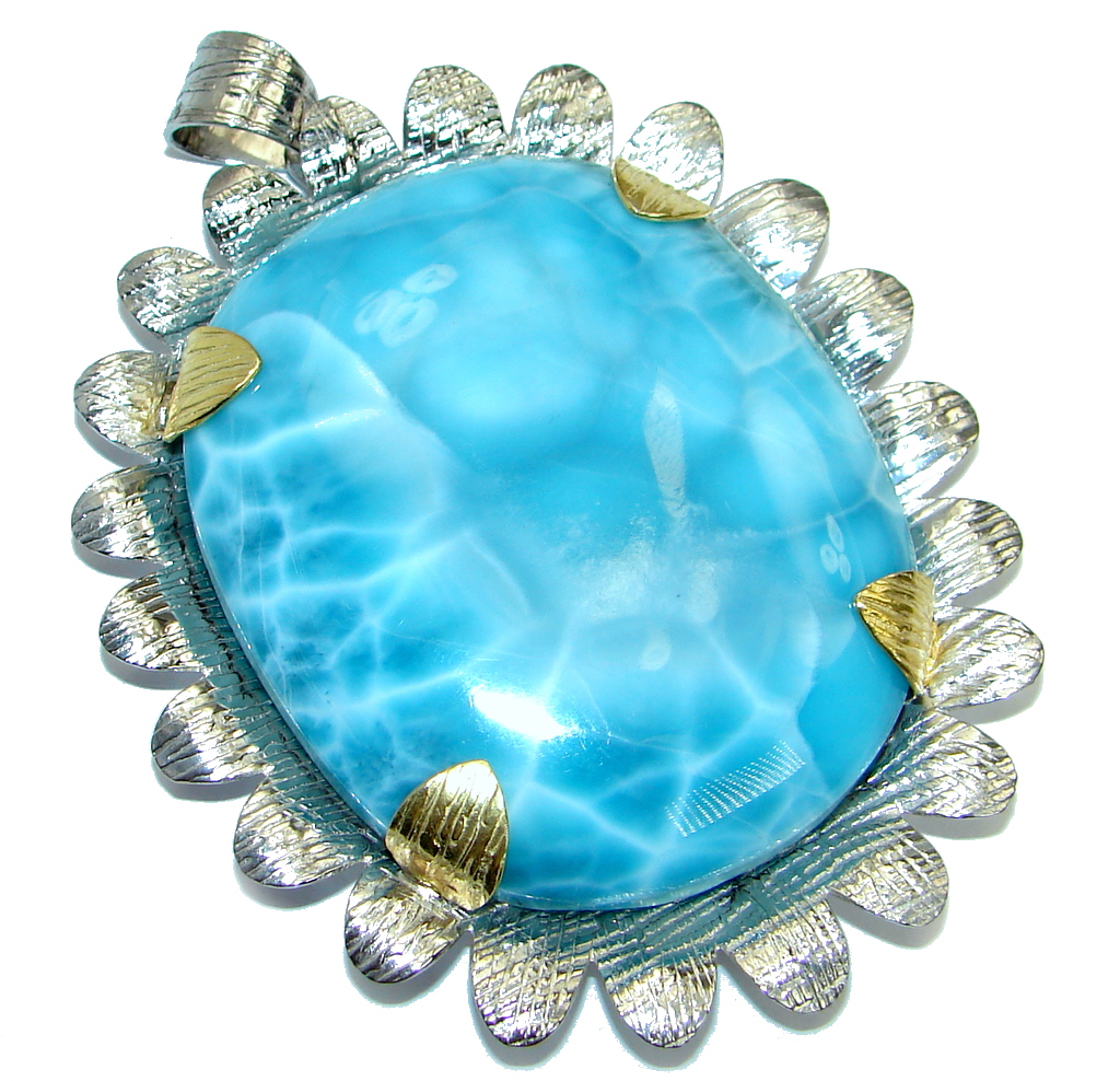 Huge One of the kind Nature inspired Sublime Larimar Gold over .925 Sterling Silver handmade pendant