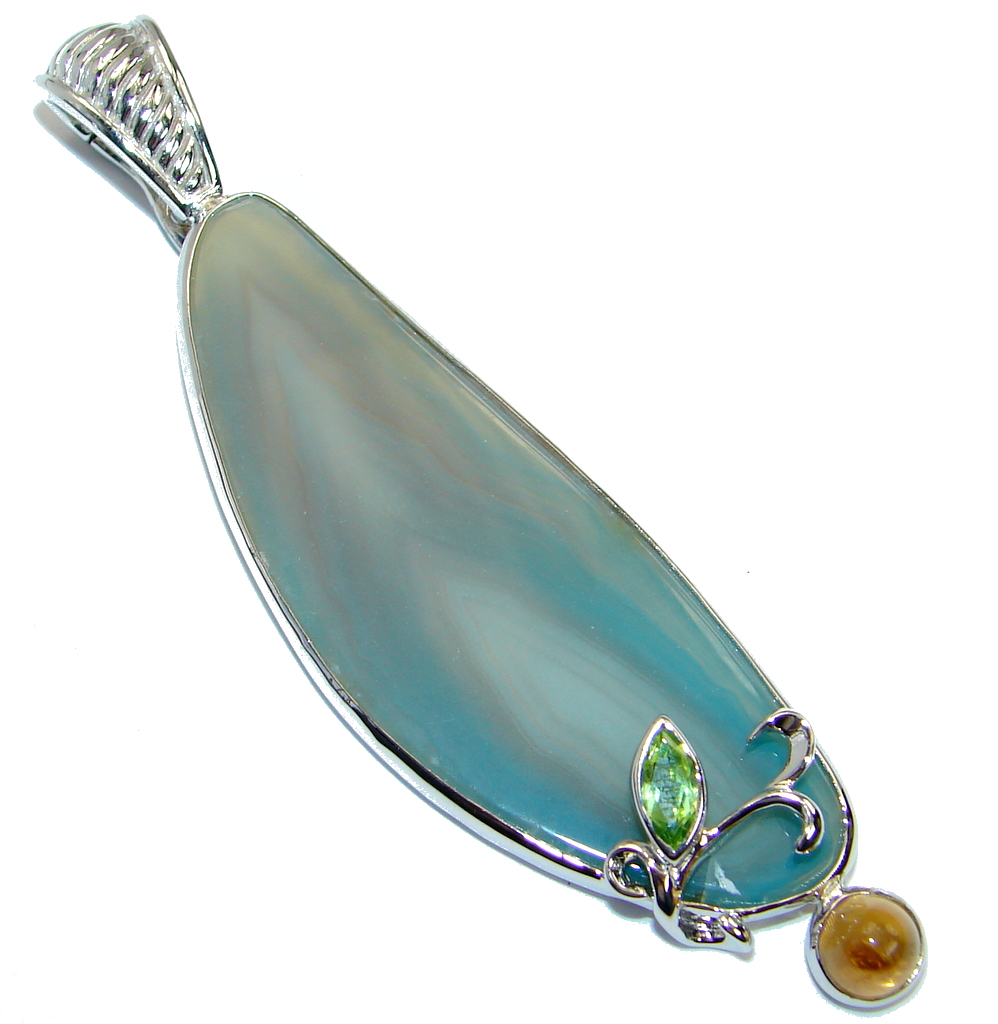 Blue Aura Chalcedony Agate .925 Sterling Silver handmade Enhancer Pendant