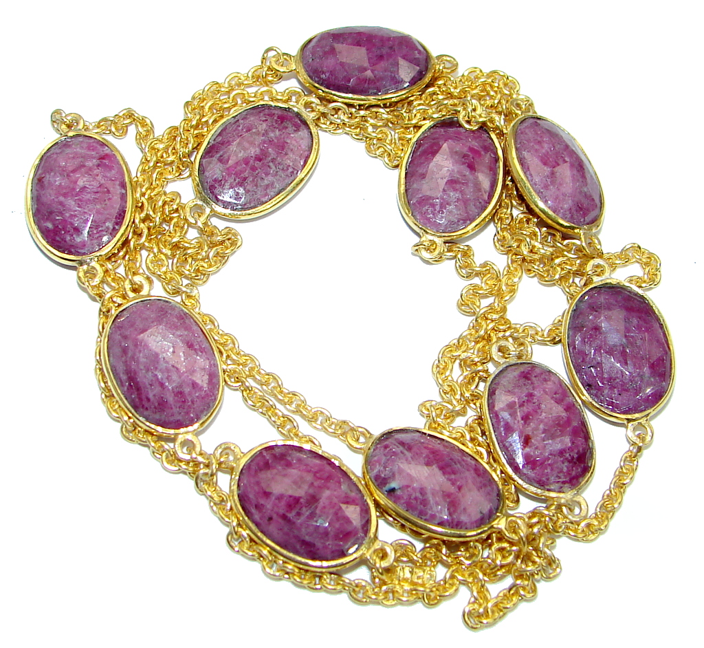 36 inches Genuine Ruby Stones Gold plated over Sterling Silver handcrafted Necklace