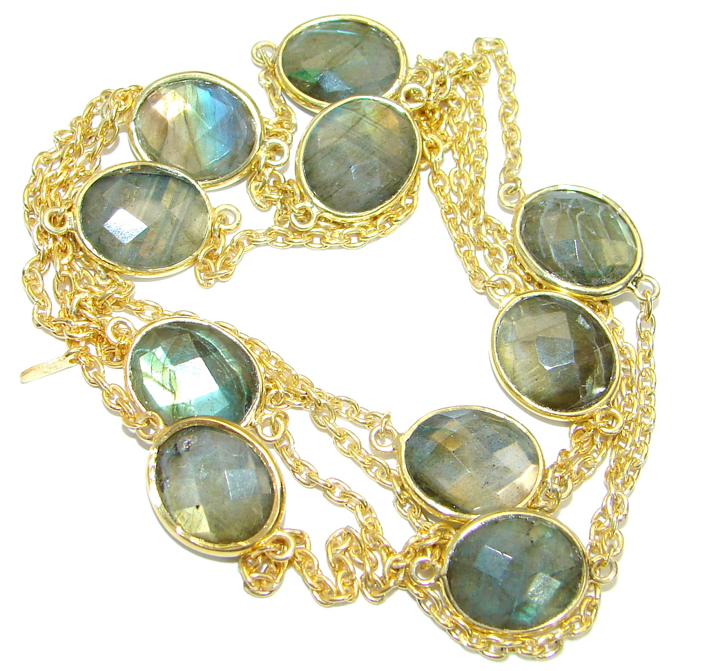 36 inches Genuine Fire Labradorite Gold over .925 Sterling Silver handmade Necklace