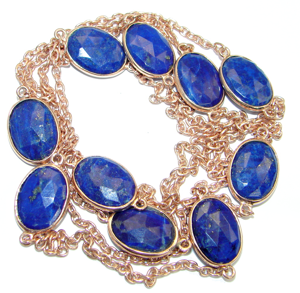 36 inches genuine Lapis Lazuli Rose Gold plated over .925 Sterling Silver Necklace