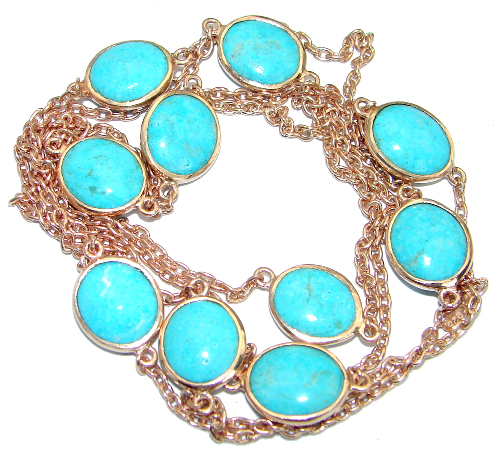 36 inches Genuine Arizona Turquoise Stones Rose Gold plated over .925 Sterling Silver handmade Necklace