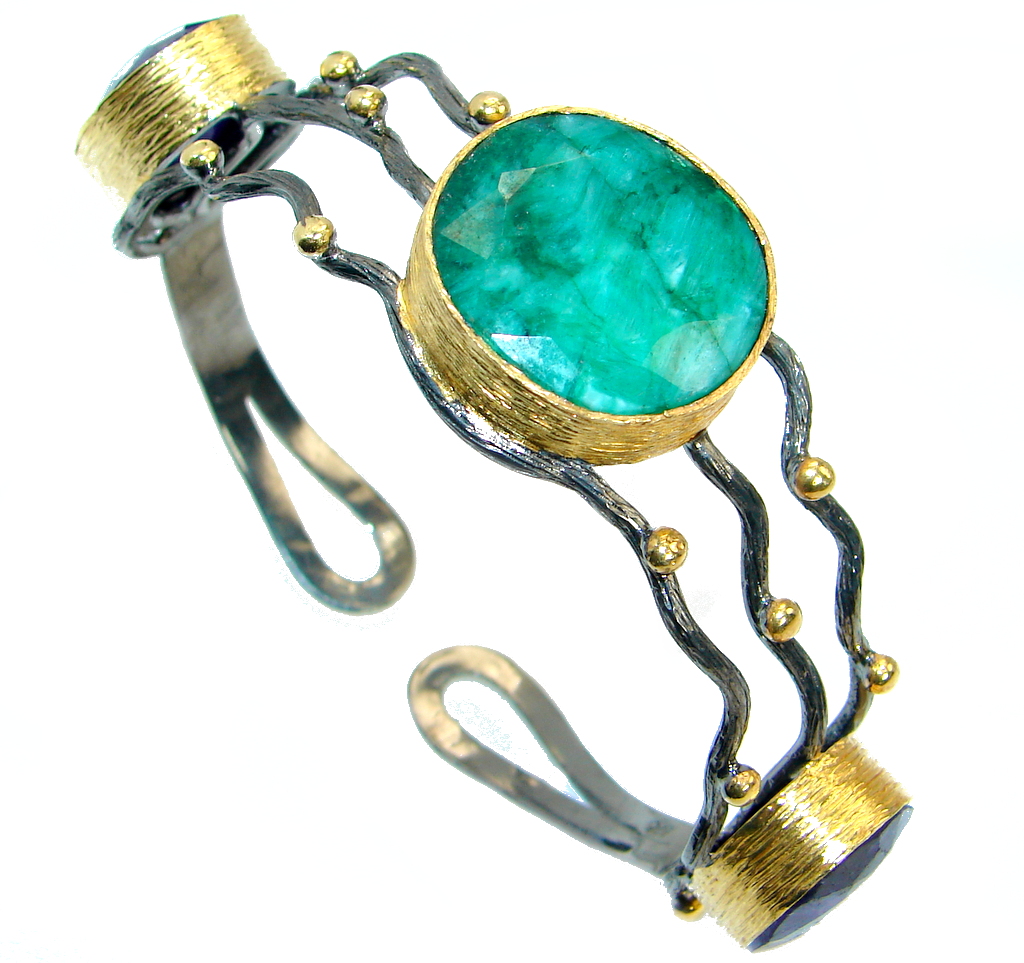 One in the World Natural Sapphire Emerald Gold over .925 Sterling Silver Bracelet / Cuff
