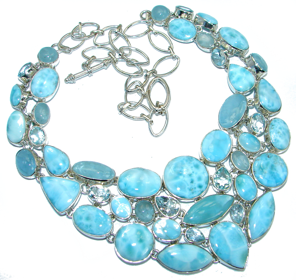 Chunky Larimar Swiss Blue Topaz Aquamarine .925 Sterling Silver handcrafted necklace