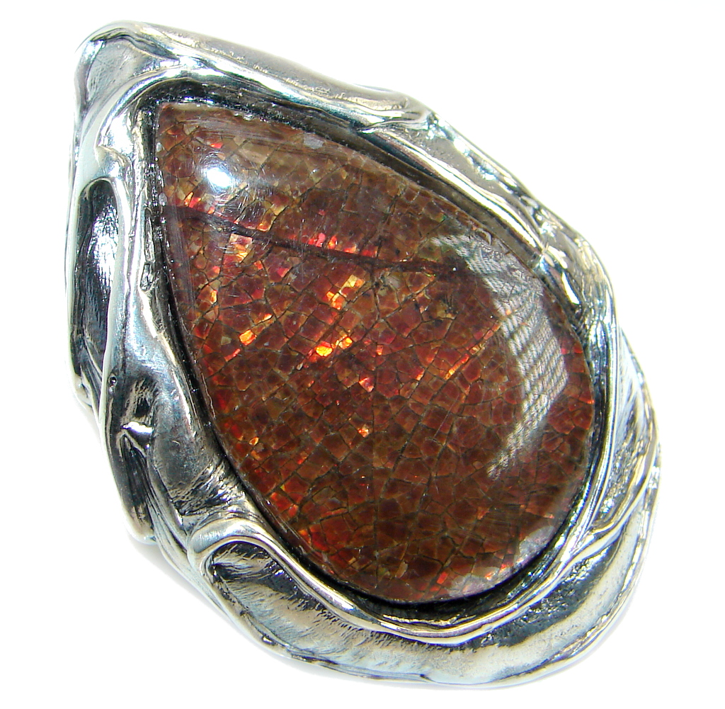 Huge Fire Genuine Canadian Ammolite .925 Sterling Silver handmade ring size 7 adjustable