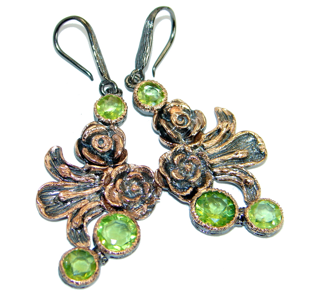 Floral Design Genuine Peridot Rose Gold plated over .925 Sterling Silver handamde earrings