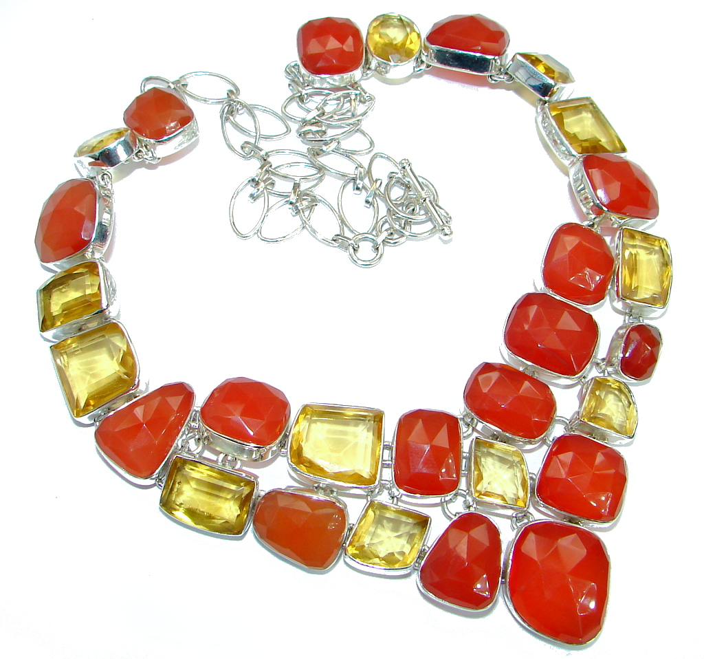 Jumbo Bold Carnelian lab. Golden Topaz .925 Sterling Silver handmade Necklace