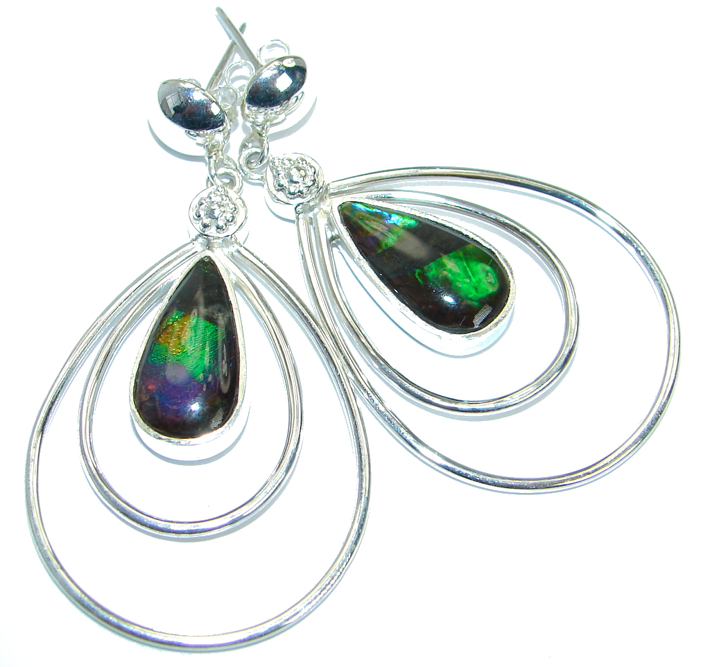 Green Aura genuine Canadian Fire Ammolite .925 Sterling Silver handmade earrings