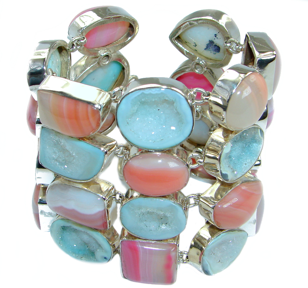 Huge Chunky Design City Lights Agate Druzy .925 Sterling Silver Bracelet