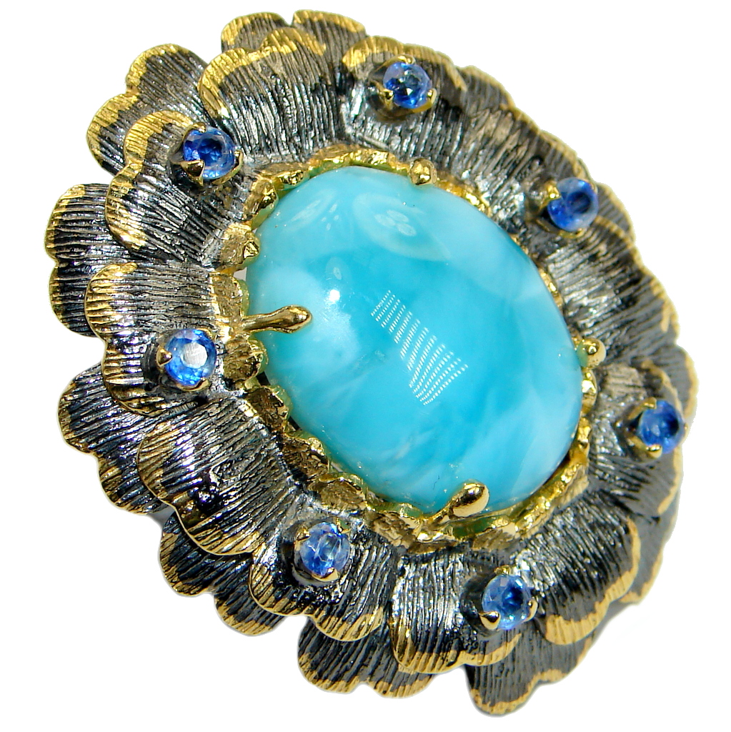 Large Floral Design genuine Larimar Kyanite Gold plated over .925 Sterling Silver Ring s. 8 adjustable