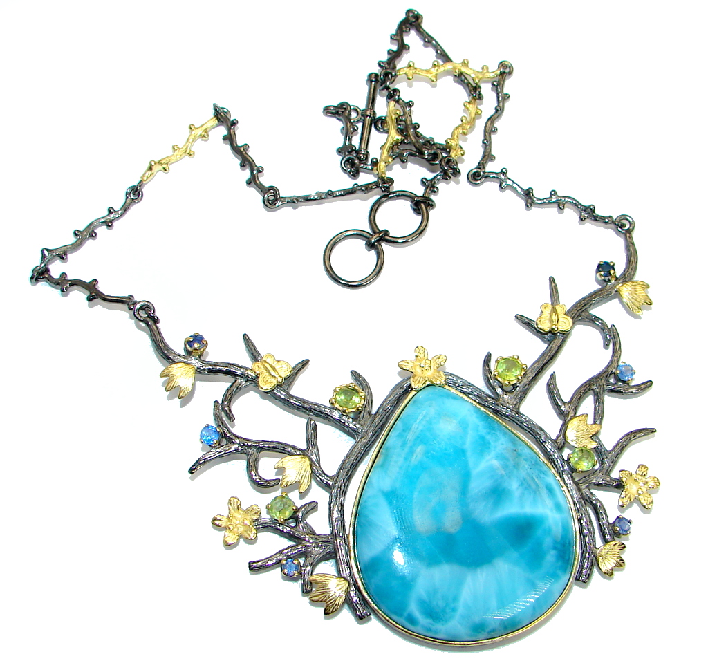 Nature inspired Sublime Larimar Sapphire Gold plated over .925 Sterling Silver handmade necklace