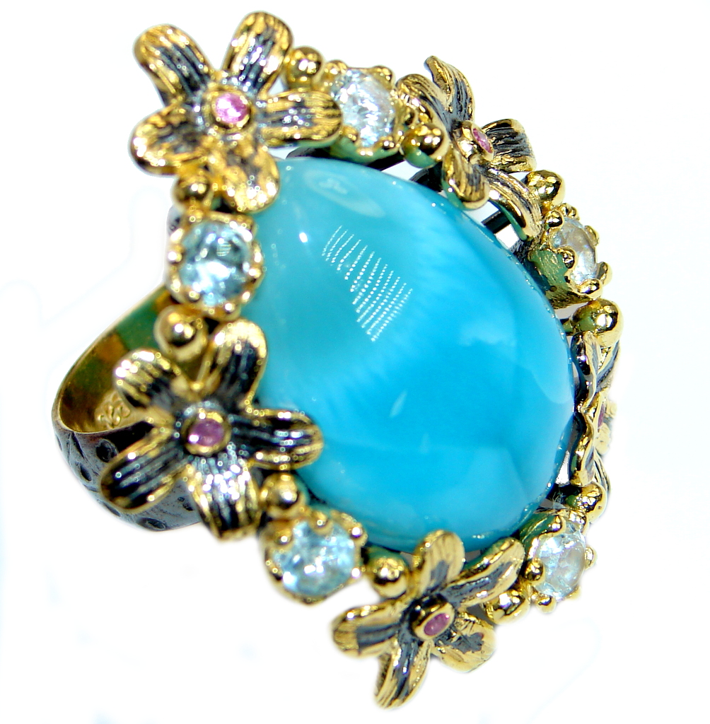 Large Floral Design genuine Larimar Gold plated over .925 Sterling Silver Ring s. 7 adjustable