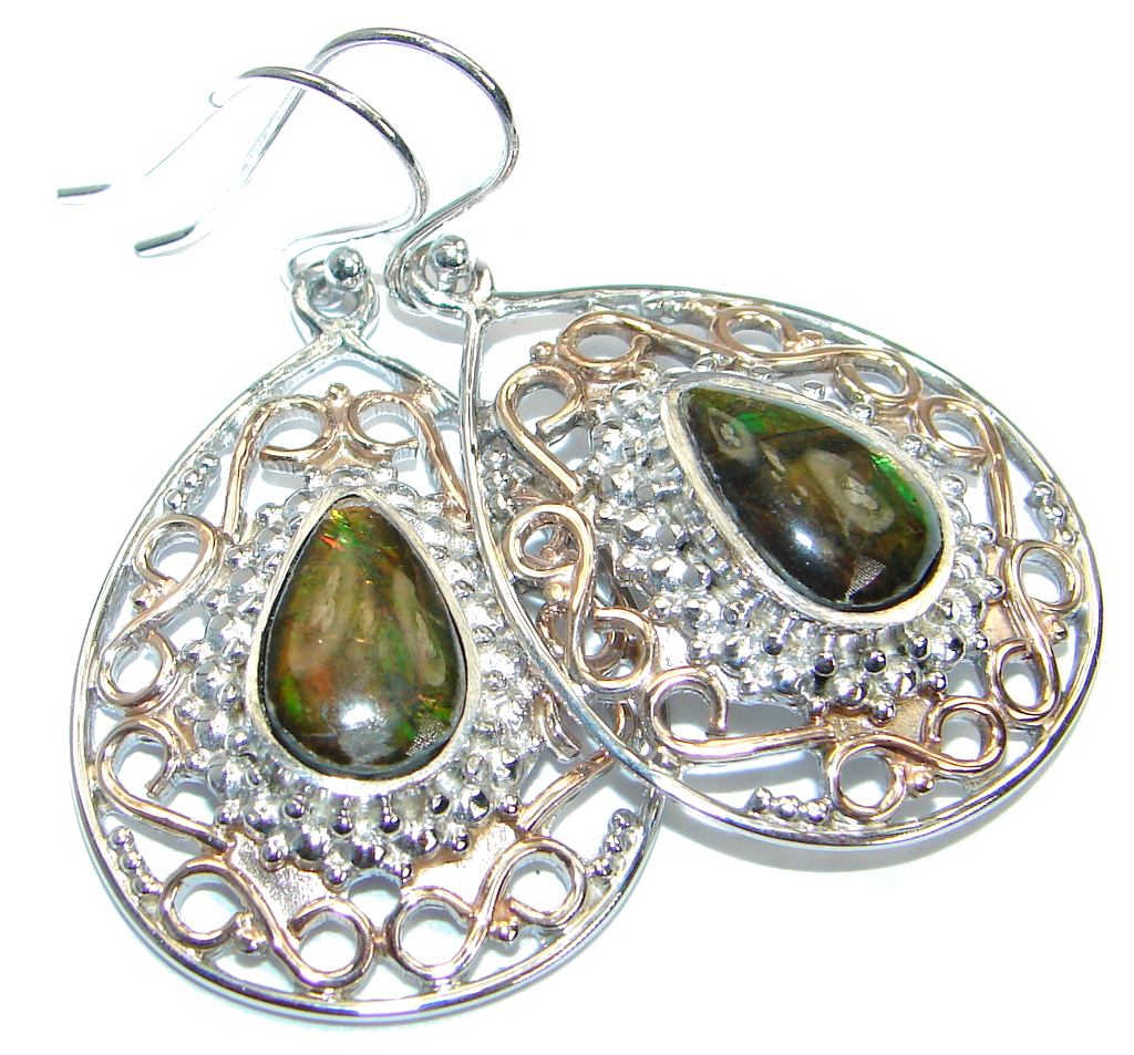 Red Aura AAA+Canadian Fire Ammolite Two Tones Sterling Silver handmade earrings