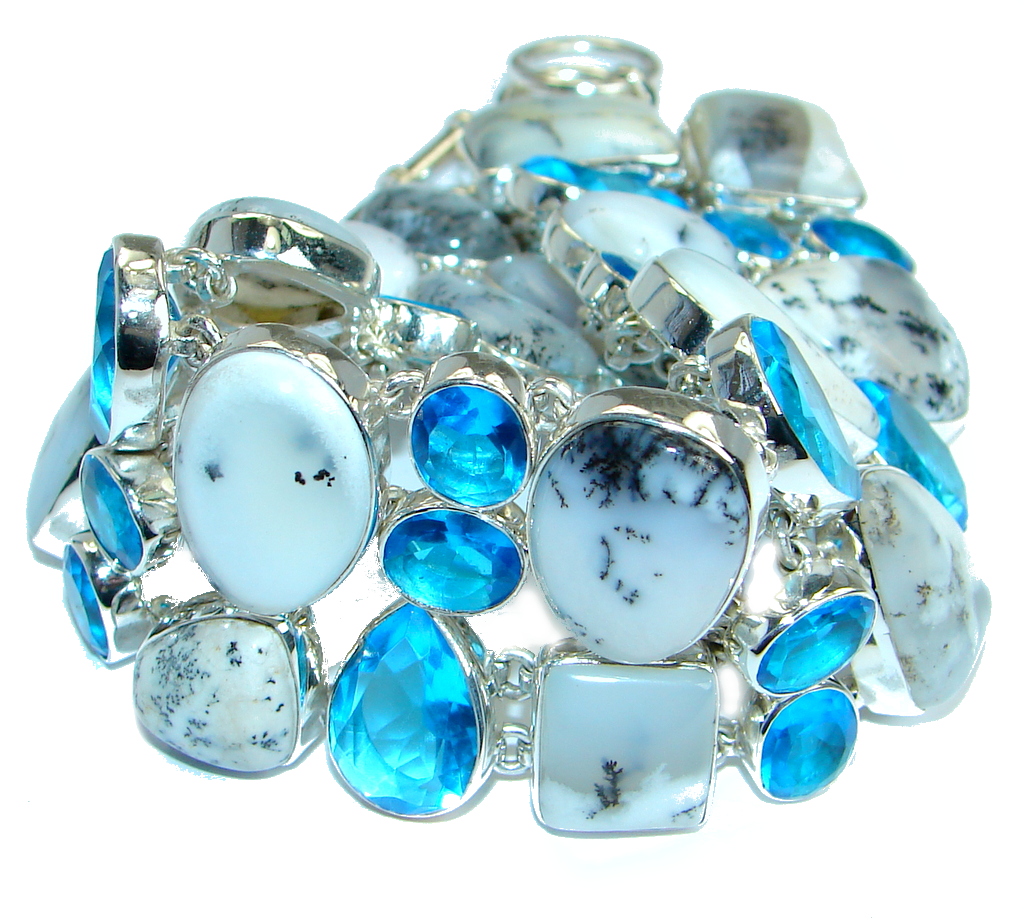 Jumbo Solid Genuine Dendritic Agate and Quartz .925 Sterling Silver handmade Bracelet