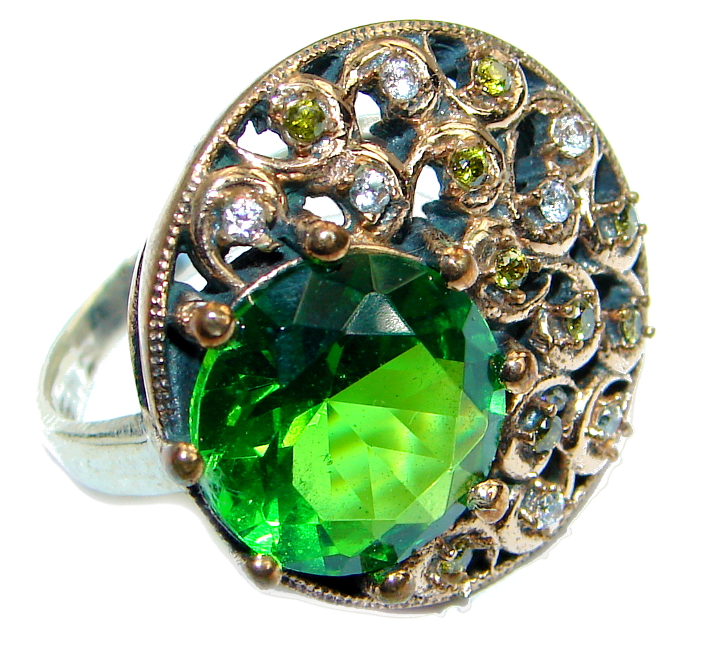 Victorian Style created Emerald & White Topaz Copper over Sterling Silver ring; s. 8