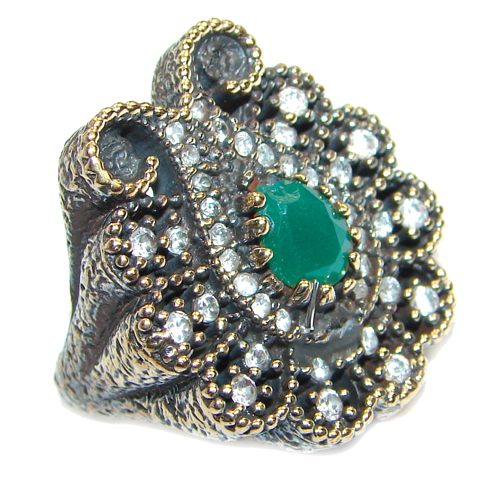 Victorian Style created Emerald & White Topaz Copper over Sterling Silver ring; s. 6 1/2