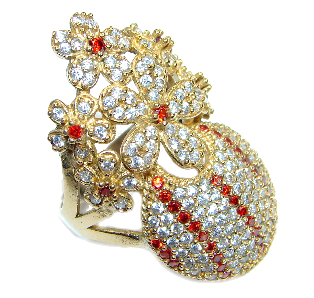 Large Victorian Style created Ruby & White Topaz Sterling Silver ring; s 10