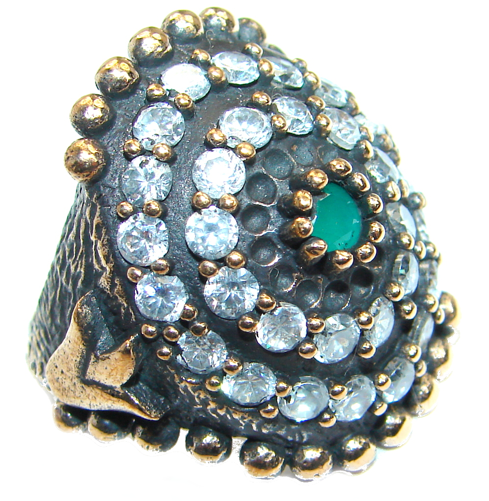 Victorian Style created Emerald & White Topaz Copper over Sterling Silver ring; s. 7