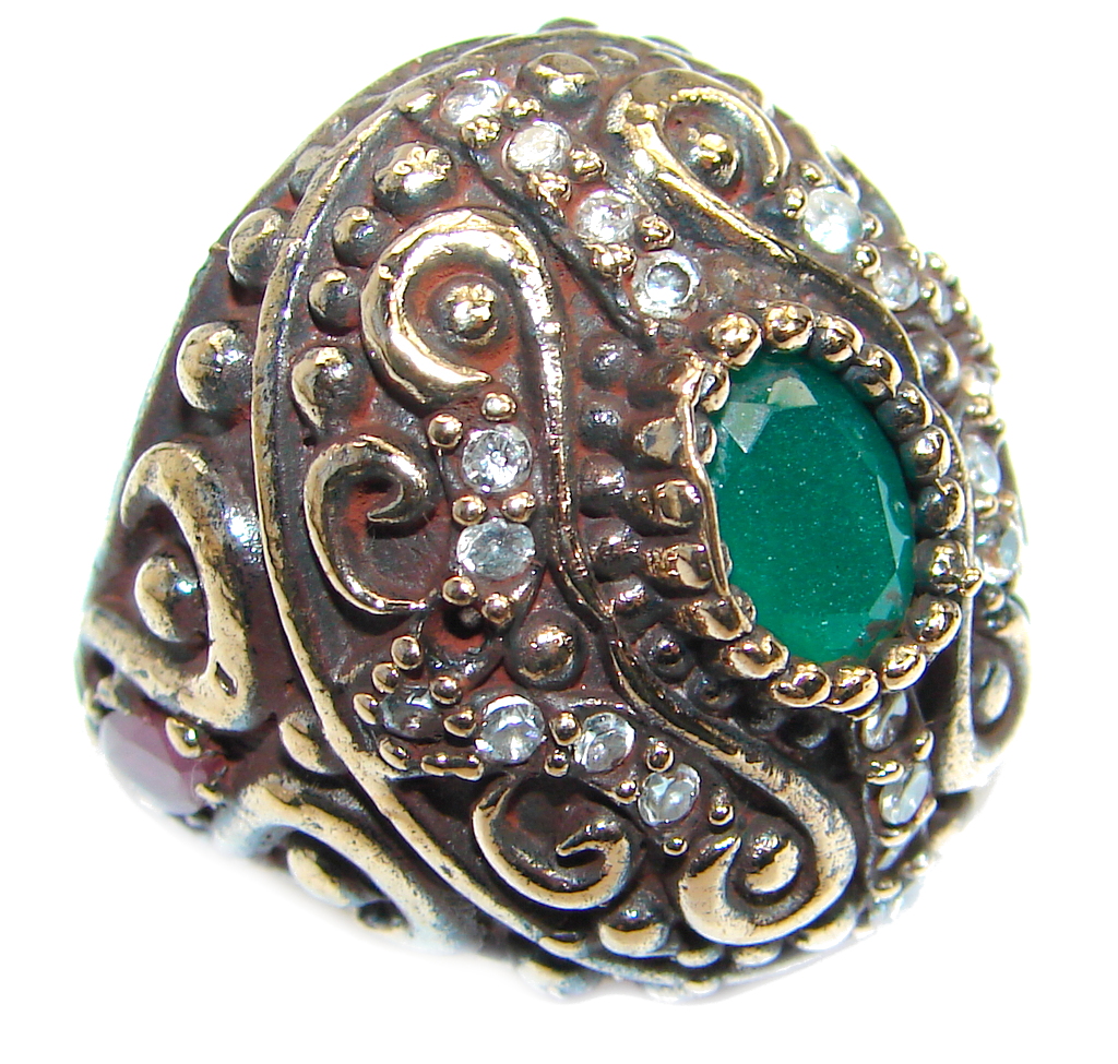 Victorian Style created Emerald & White Topaz Copper over Sterling Silver ring; s. 6 1/4