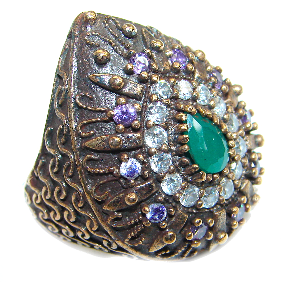 Victorian Style created Emerald & White Topaz Copper over Sterling Silver ring; s. 7