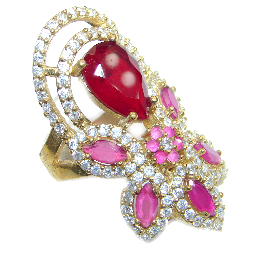 Large Victorian Style created Ruby & White Topaz Sterling Silver ring; s. 8