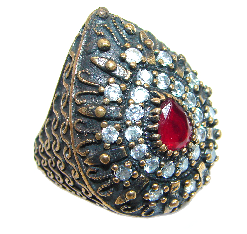 Victorian Style created Emerald & White Topaz Copper over Sterling Silver ring; s. 6