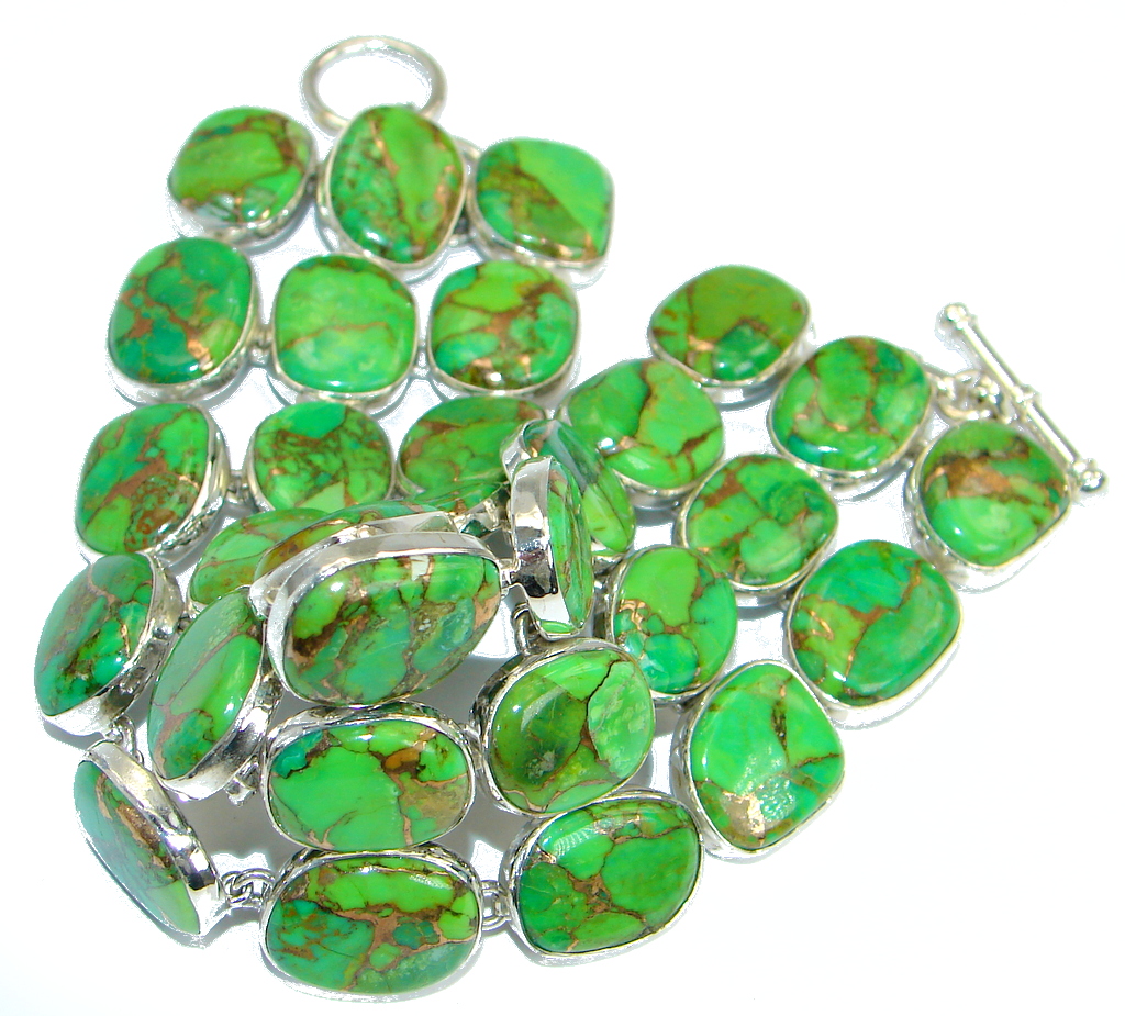 Boho Chic Large Green Turquoise with copper vains Sterling Silver handmade Bracelet