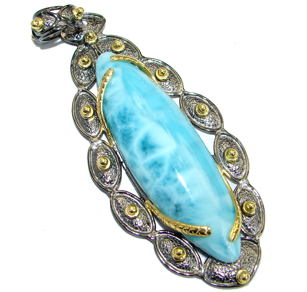 Spectacular genuine Larimar Gold Rhodium over .925 Sterling Silver handmade pendant