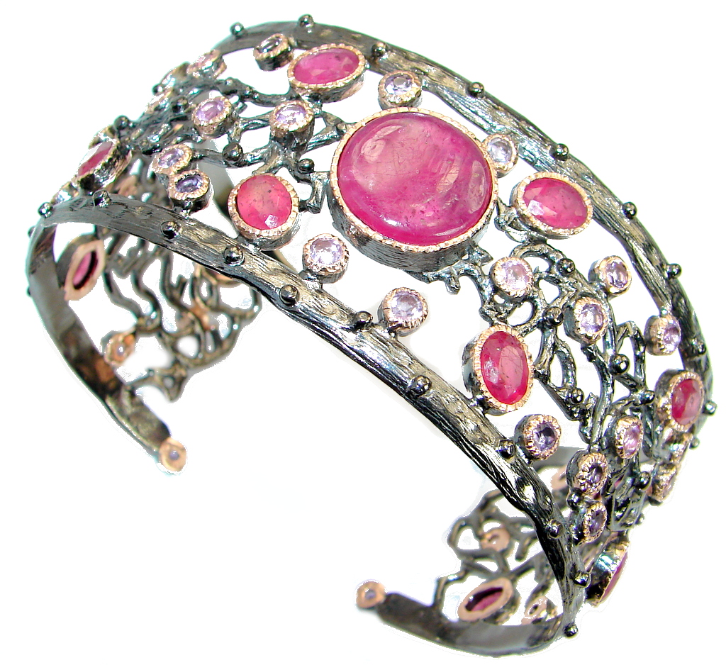 Huge Luxury Genuine Ruby Gold over. 925 Sterling Silver handmade Cuff/Bracelet