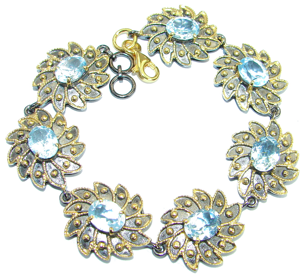 Floral Design Swiss Blue Topaz Gold over .925 Sterling Silver handmade Bracelet