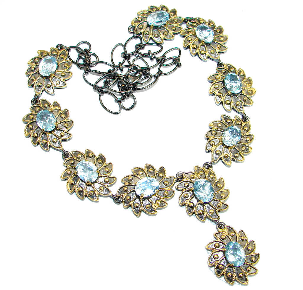 Rich Byzantine Design Genuine Swiss Blue Topaz Gold plated over .925 Sterling Silver handmade necklace
