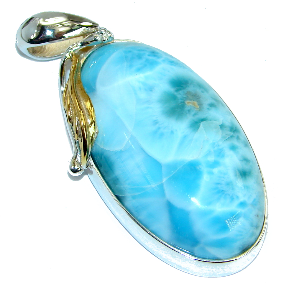 Spectacular genuine Larimar Gold over .925 Sterling Silver handmade pendant