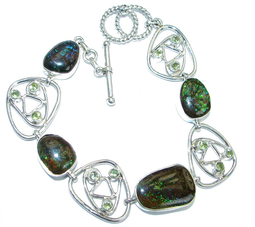 Red Fire Genuine Canadian Ammolite Peridot .925 Sterling Silver handmade bracelet