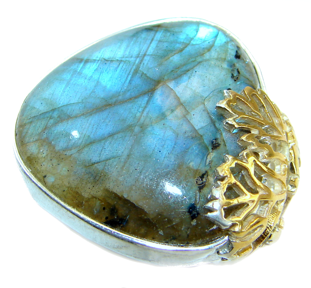 Blue Fire Labradorite Two Tones .925 Sterling Silver handmade ring size 7 adjustable