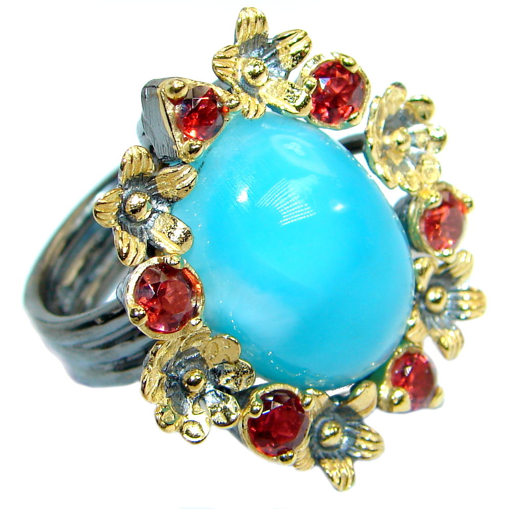 Floral Design genuine Larimar Garnet Gold plated over .925 Sterling Silver Ring s. 7 adjustable