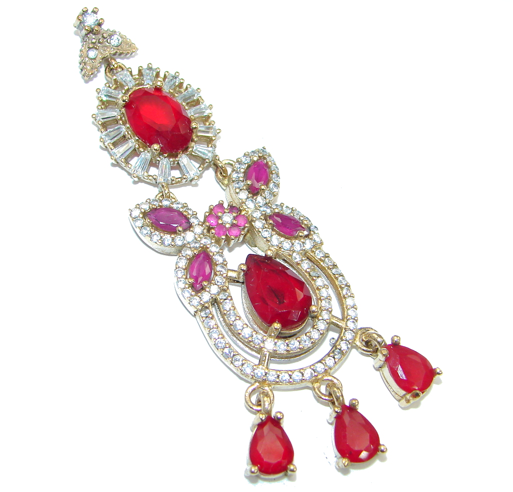 Long Victorian Vintage Style created Ruby Two tones .925 Sterling Silver Pendant