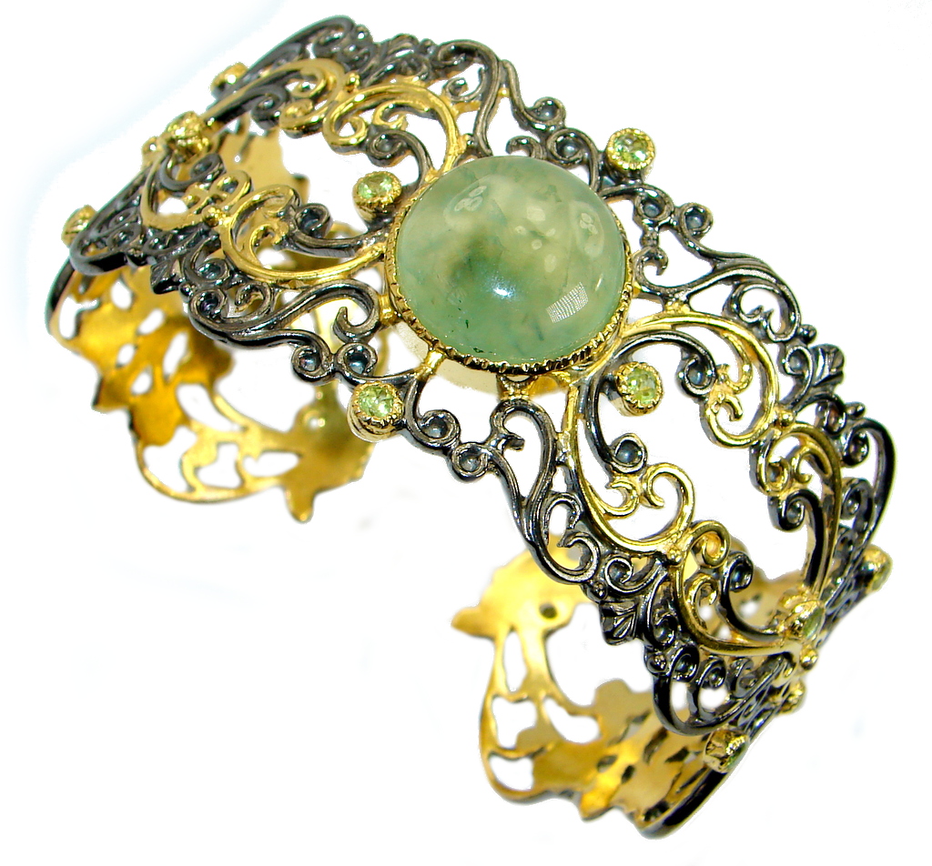Baroque Design Genuine Moss Prehnite Gold Rhodium over .925 Sterling Silver Bracelet / Cuff