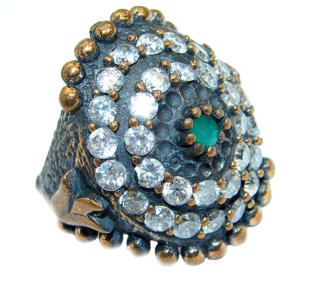 Victorian Style created Emerald & White Topaz Sterling Silver Ring s. 7