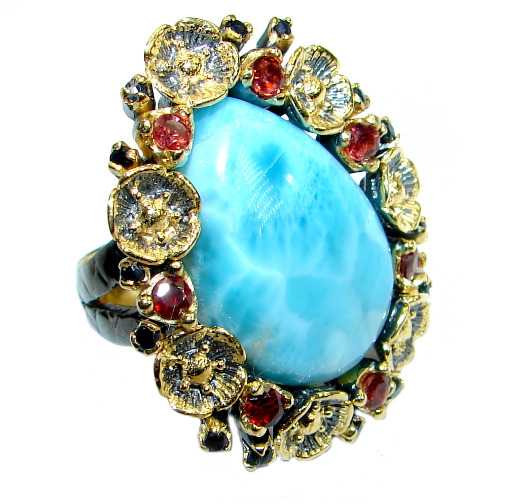 Massive Genuine Larimar Garnet .925 Sterling Silver handcrafted Ring s. 7 adjustable