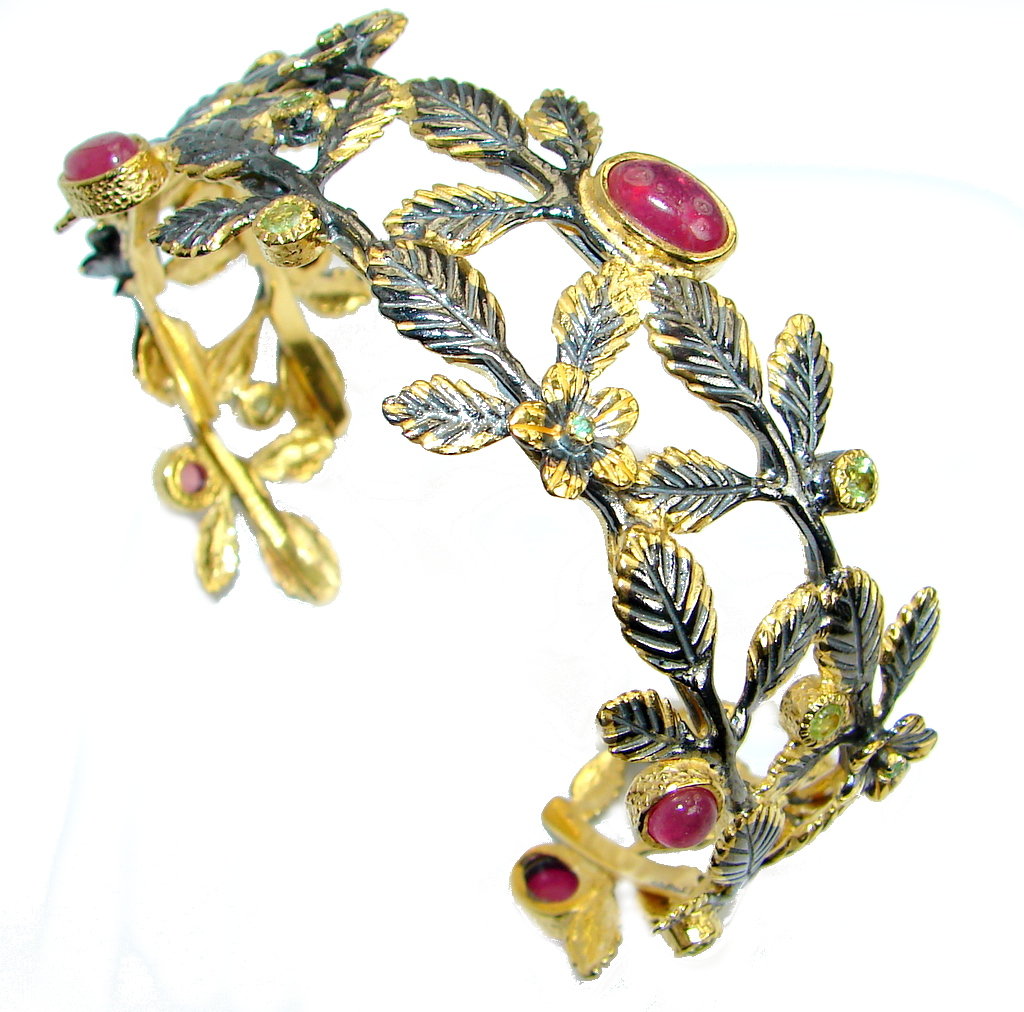 Huge Luxury Genuine Ruby Gold over. 925 Sterling Silver handmade Cuff/Bracelet