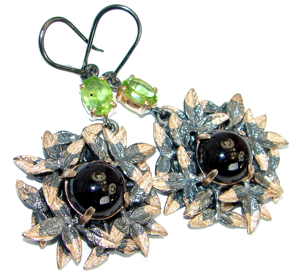 Unique natural Garnet Peridot Gold Rhodium over .925 Sterling Silver handmade earrings