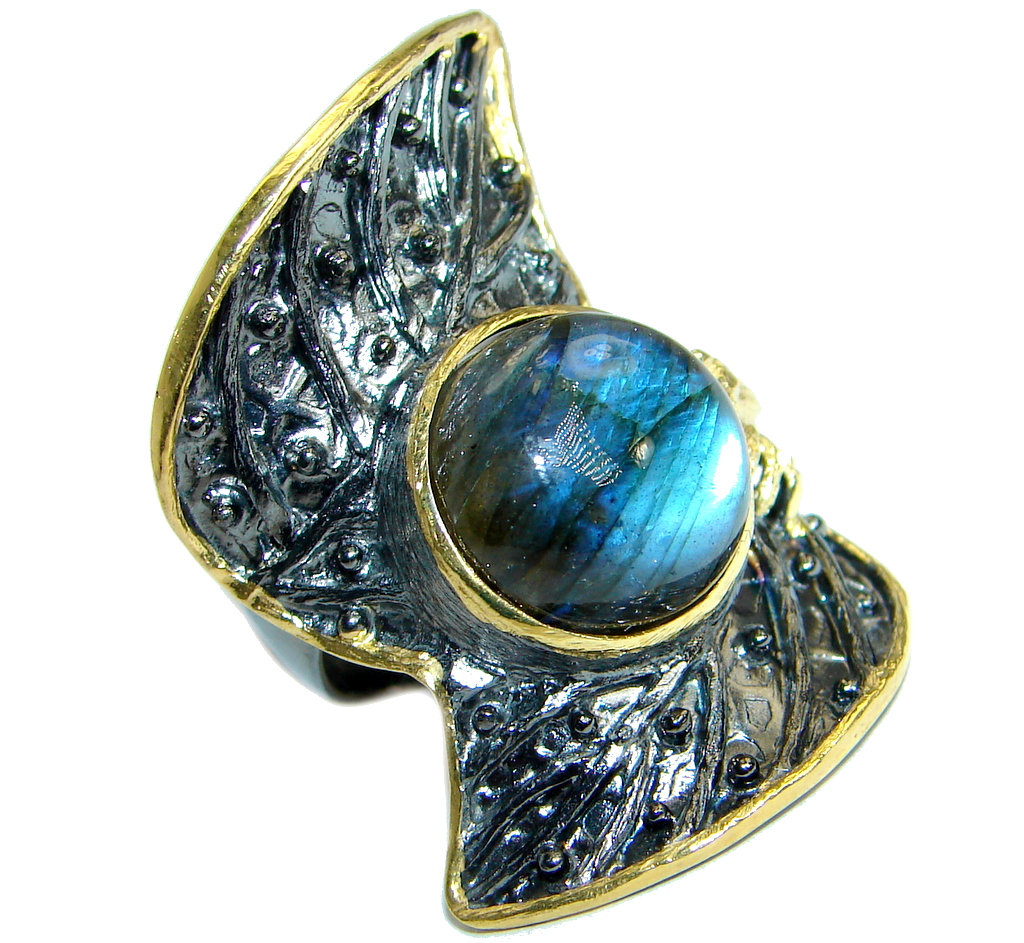 Huge Blue Fire Labradorite Gold over .925 Sterling Silver handmade ring size 8 adjustable