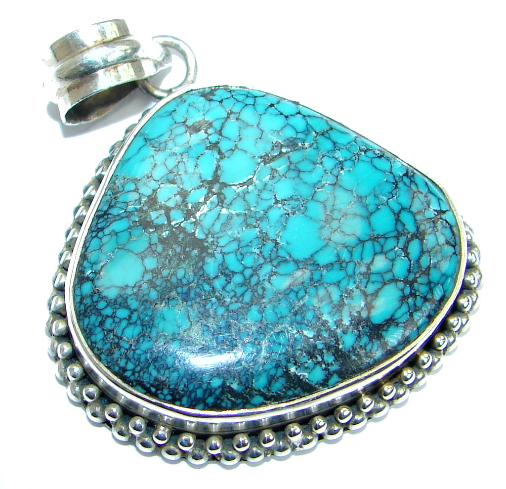 Simple Style Blue Turquoise with copper vains .925 Sterling Silver Pendant