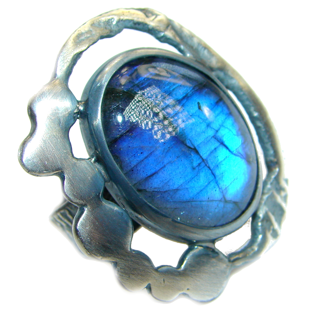 Avangarda Fire Labradorite oxidized .925 Sterling Silver handmade ring size 7 adjustable