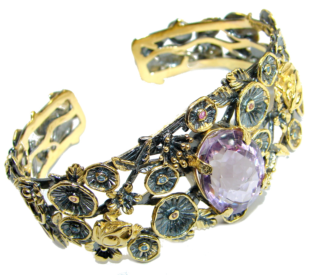 Enchanted Garden Authentic Amethyst Two Tones .925 Sterling Silver handmade Bracelet / Cuff