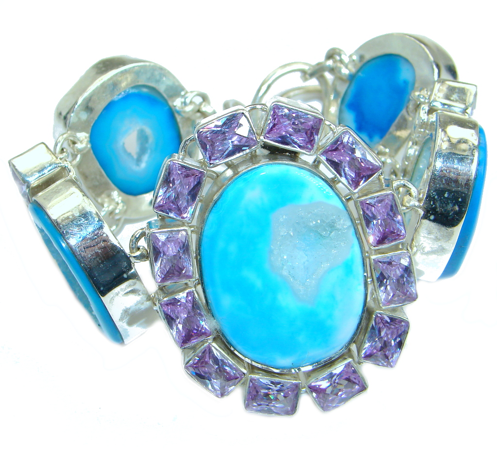 Huge Chunky Design Blue City Lights Agate Druzy .925 Sterling Silver Bracelet