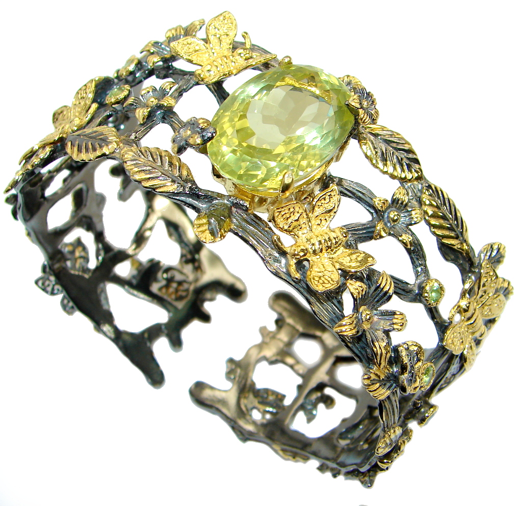 Floral Design Genuine 45ct Citrine Gold Rhodium over .925 Sterling Silver Bracelet / Cuff